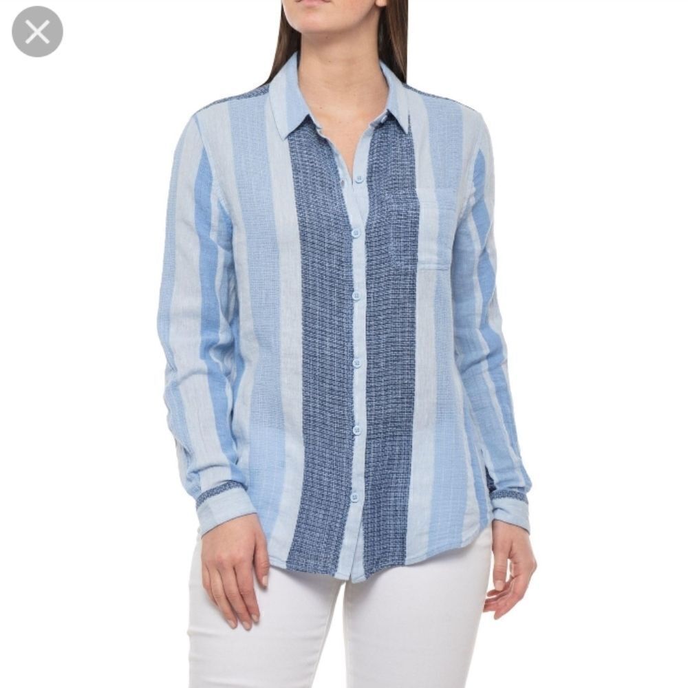 Beachlunchlounge Linen Blend Striped Button Up Top
